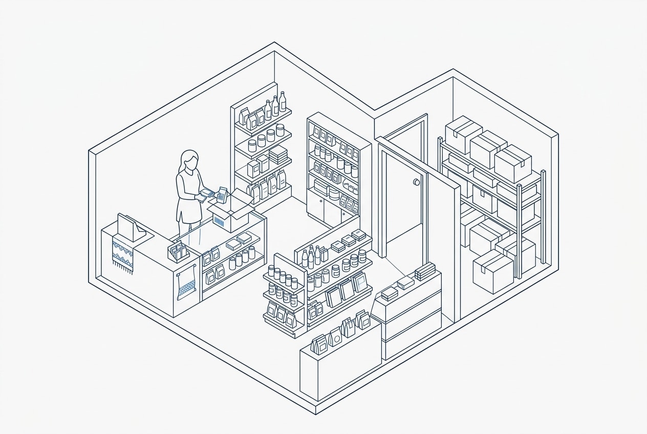 Dono de uma pequena loja registra produtos e organiza o estoque de fundo